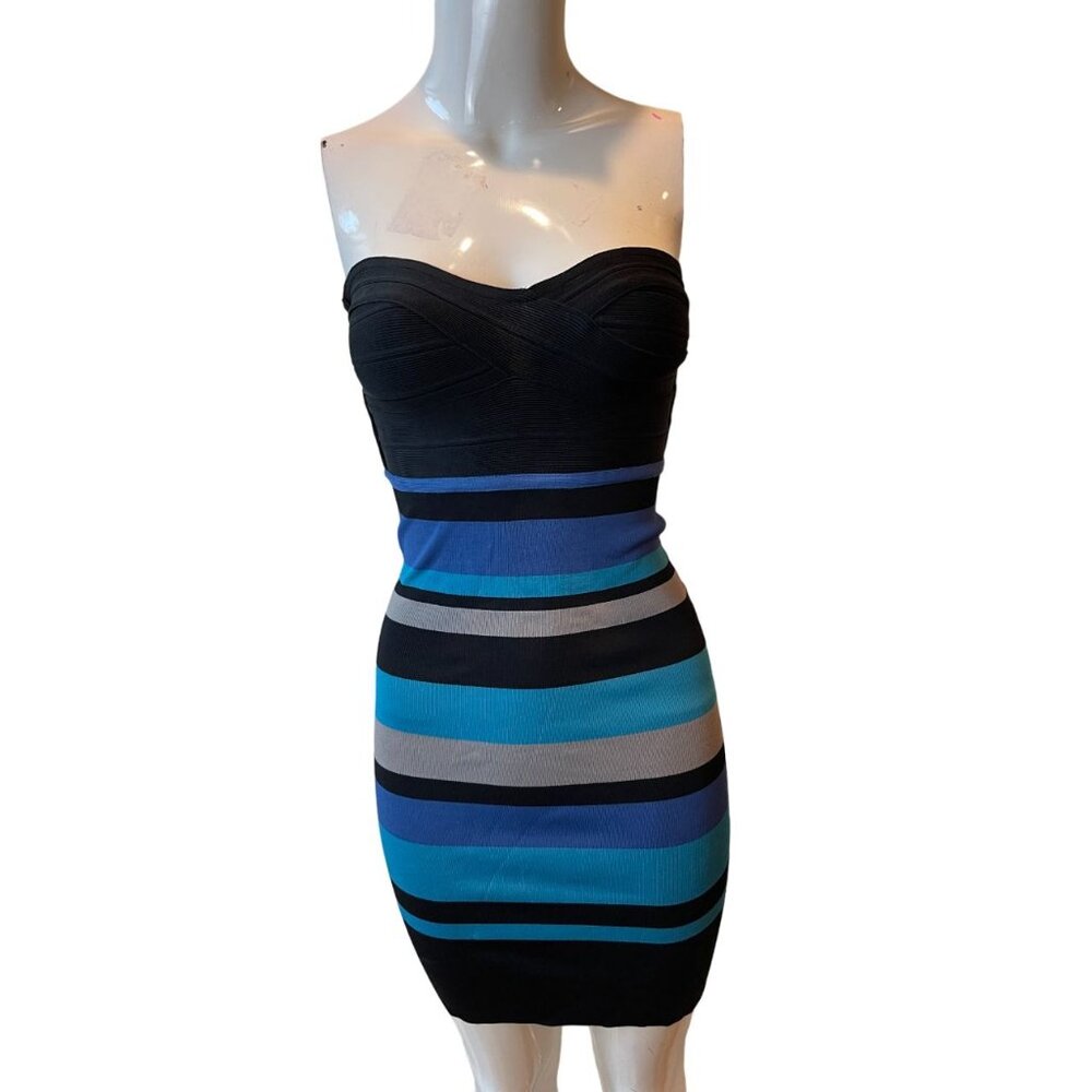 La Cite Women Bodycon Bandage Dress Strapless Colorbock Stretch Black Blue Sz XS